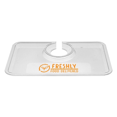Large crystal styrene clear snack tray with one color imprint logo.