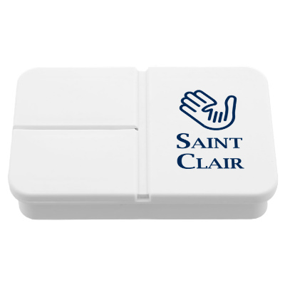White plastic pill case with a branded logo.