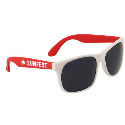 Polypropylene black with white frame sunglasses with custom imprint.