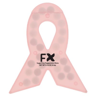 Branded translucent pink ribbon shaped credit card mints.