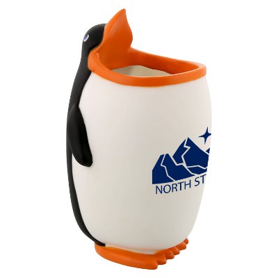 Black and white plastic penguin writing utensil holder with one color imprint.