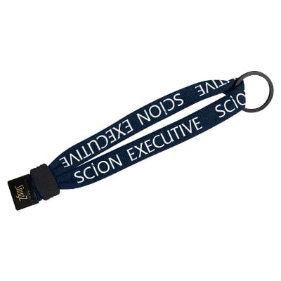 Blue cotton wristband with slider with a personalized imprint.