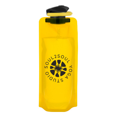 Yellow drink pouch with custom logo.