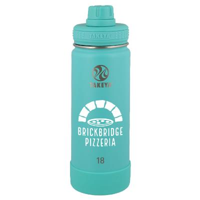 Teal bottle with custom logo.