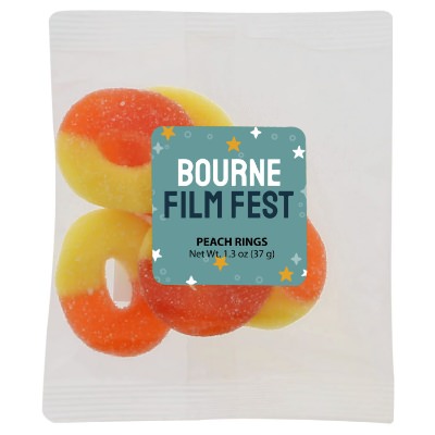 Clear plastic packet with a branded logo.