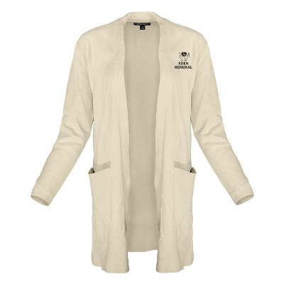 Cream cardigan with custom logo.