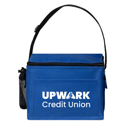 Blue polyester cooler with a customized logo.