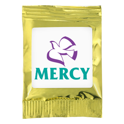Gold plastic drink mix pack with a custom logo.