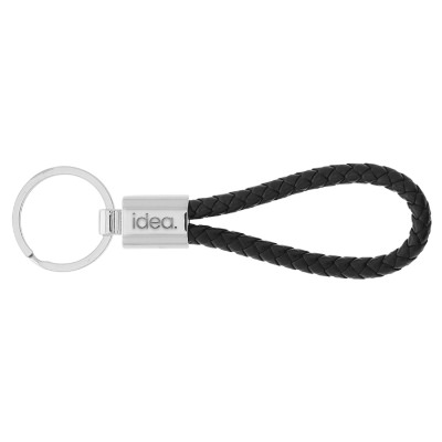 Braided leatherette keychain with custom laser engraved promotional imprint.