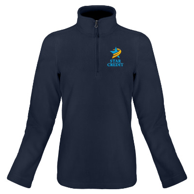 Navy microfleece pullover with custom embroidered logo.