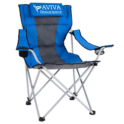 Reclining blue with charcoal stripe branded folding chair.