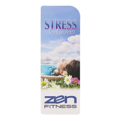White cardstock bookmark with a branded logo.