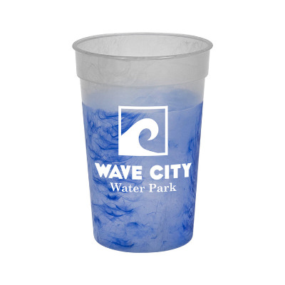 Plastic frosted to purple color changing splatter cup with logo in 17 ounces.