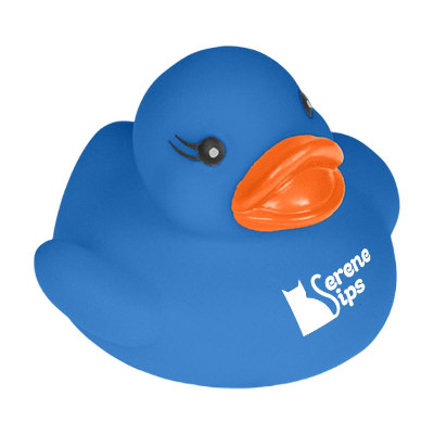 Blue rubber duck with a custom logo.