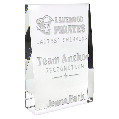 Crystal award with custom laser engraved imprint.