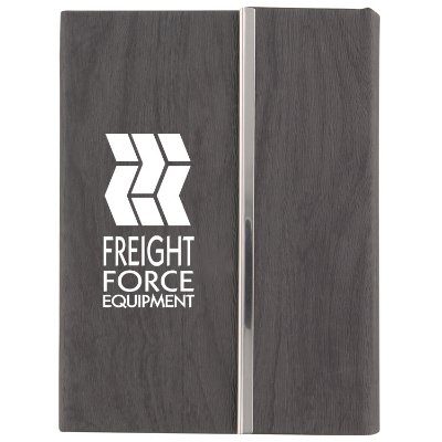 Polyurethane leather gray wooden look memo set with logoed imprint.