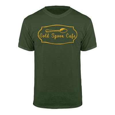 Personalized military green cotton-poly t-shirt with logo.