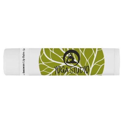 White plastic lip balm with a custom logo.