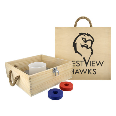 Natural pinewood outdoor game with a personalized logo.