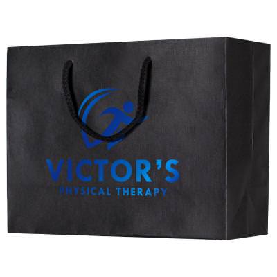 Textured paper 13x10 inch black eurotote with foil logo.