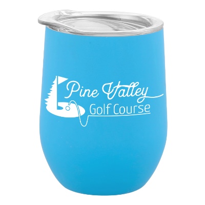 Teal wine tumbler with custom imprint.