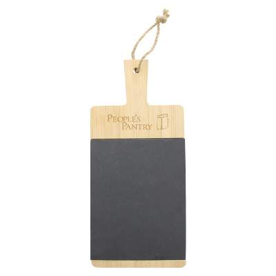 Natural bamboo and slate cutting board with laser engraved custom logo.