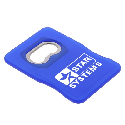 White plastic bottle opener with custom imprint promotional imprint.