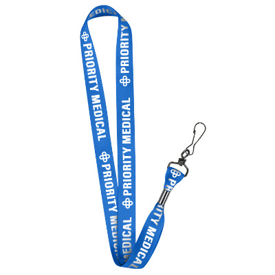 3/4 inch royal blue satin polyester lanyard with custom imprint, black j-hook and metal crimp.