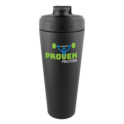Stainless black water bottle with custom full color logo in 24 oz.