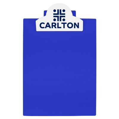 Blue polystyrene clipboard with a personalized logo.