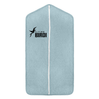 Denim french wash garment bag with a custom imprint.