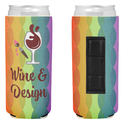 Rainbow slim can cooler with custom full color imprint.