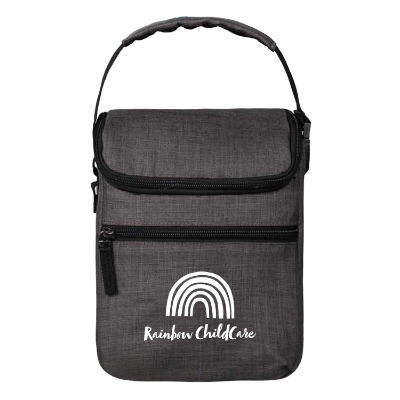 Charcoal polyester cooler with a personalized logo.