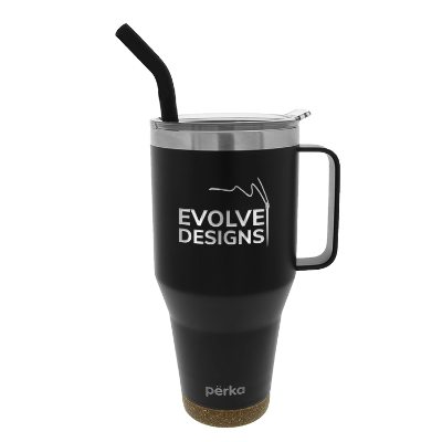 Stainless steel travel mug with a custom engraved logo.
