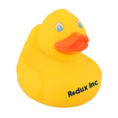 Plastic yellow branded rubber duck.