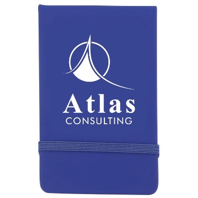 PVC blue classic jotter with imprinted logo.