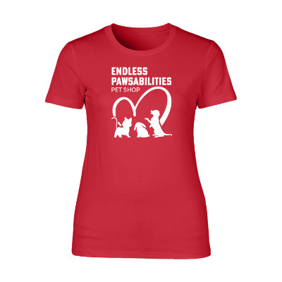 Ladies' red short-sleeve logoed t-shirt.