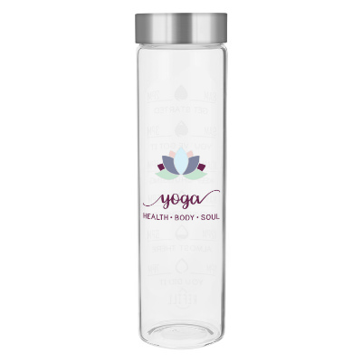 Glass water bottle with custom full color logo in 20 oz.
