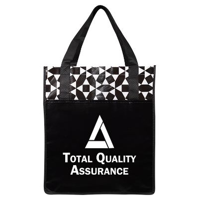 Laminated polypropylene black geometric tote with logo.
