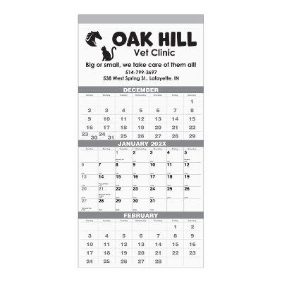 Three months at a glance wall calendar with printed logo.
