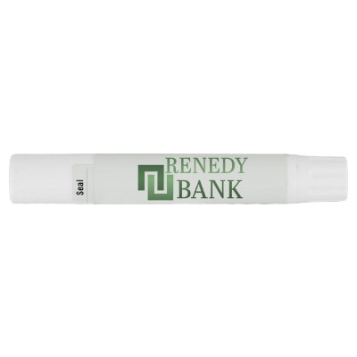 White plastic lip balm with a branded imprint.