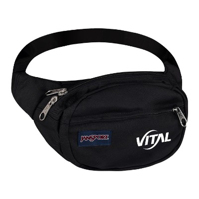 Black fanny pack with front pocket and custom imprint.