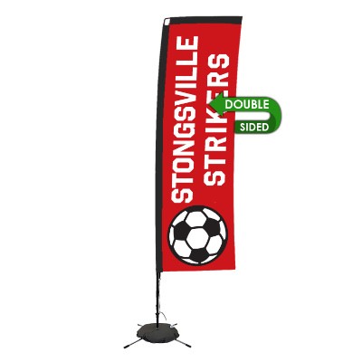 10-ft. double-sided stand-up flag with custom logo.