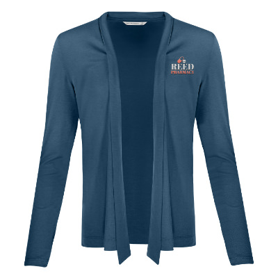 Blue cardigan with embroidered imprint.