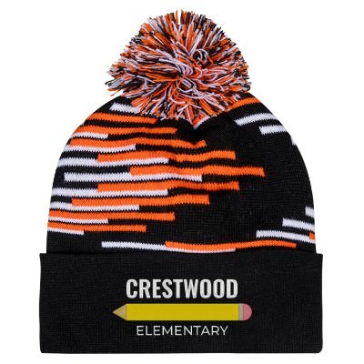 Embroidered custom orange, black, and white beanie.