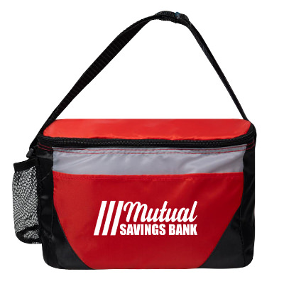 Red polyester cooler with a personalized imprint.