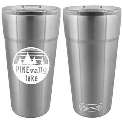 Stainless steel silver tumbler with custom branding in 16 ounces.