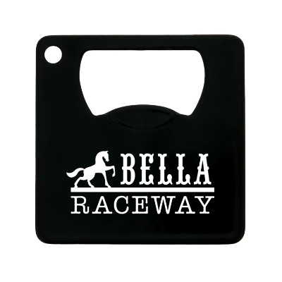 Black powder coated mini square stainless steel bottle opener with custom imprint.