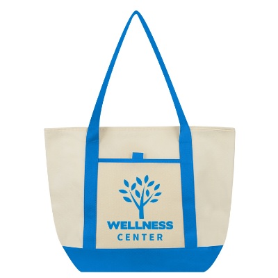 Process blue non-woven polypropylene can cooler tote with custom imprint.