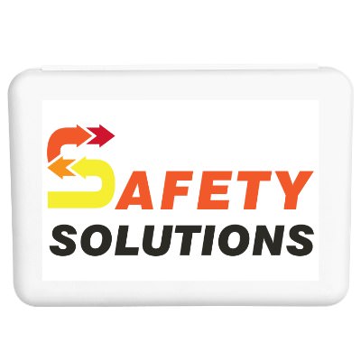 Plastic white first aid kit with a customized imprint.